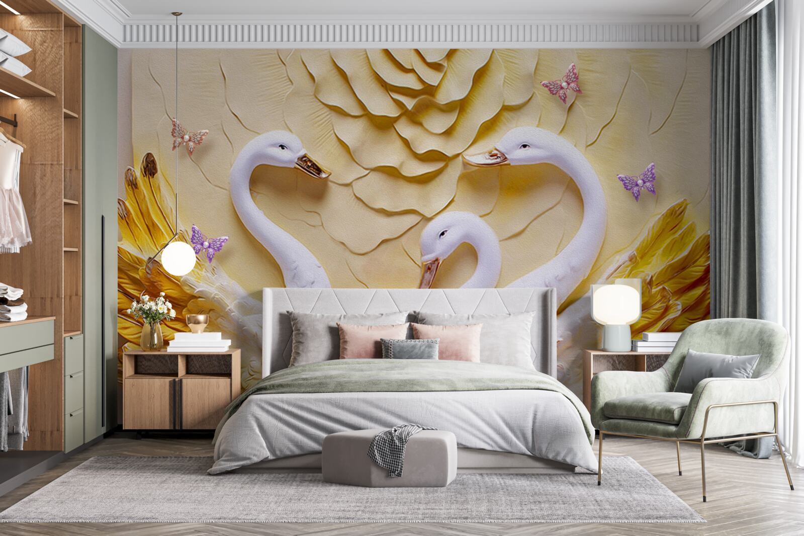 Fototapeta łabędzie są białe ze skrzydłami oplecionymi złotem