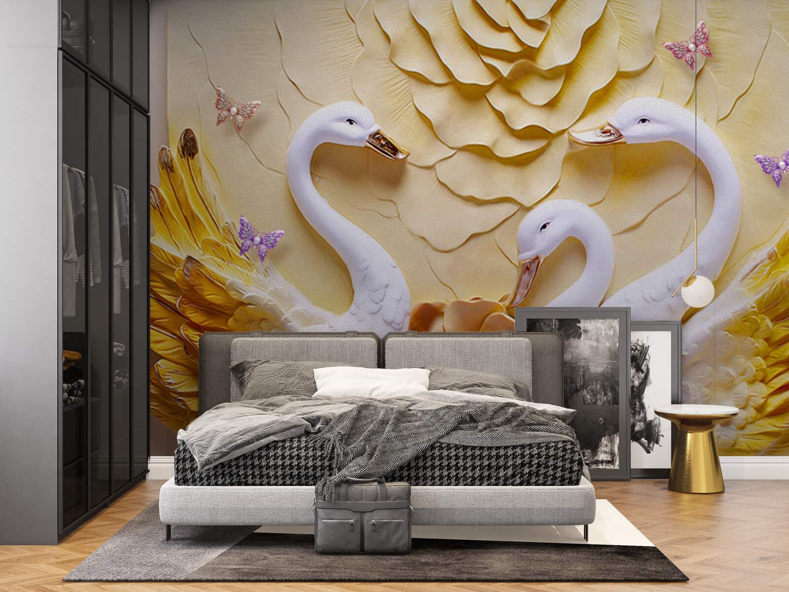 Fototapeta łabędzie są białe ze skrzydłami oplecionymi złotem