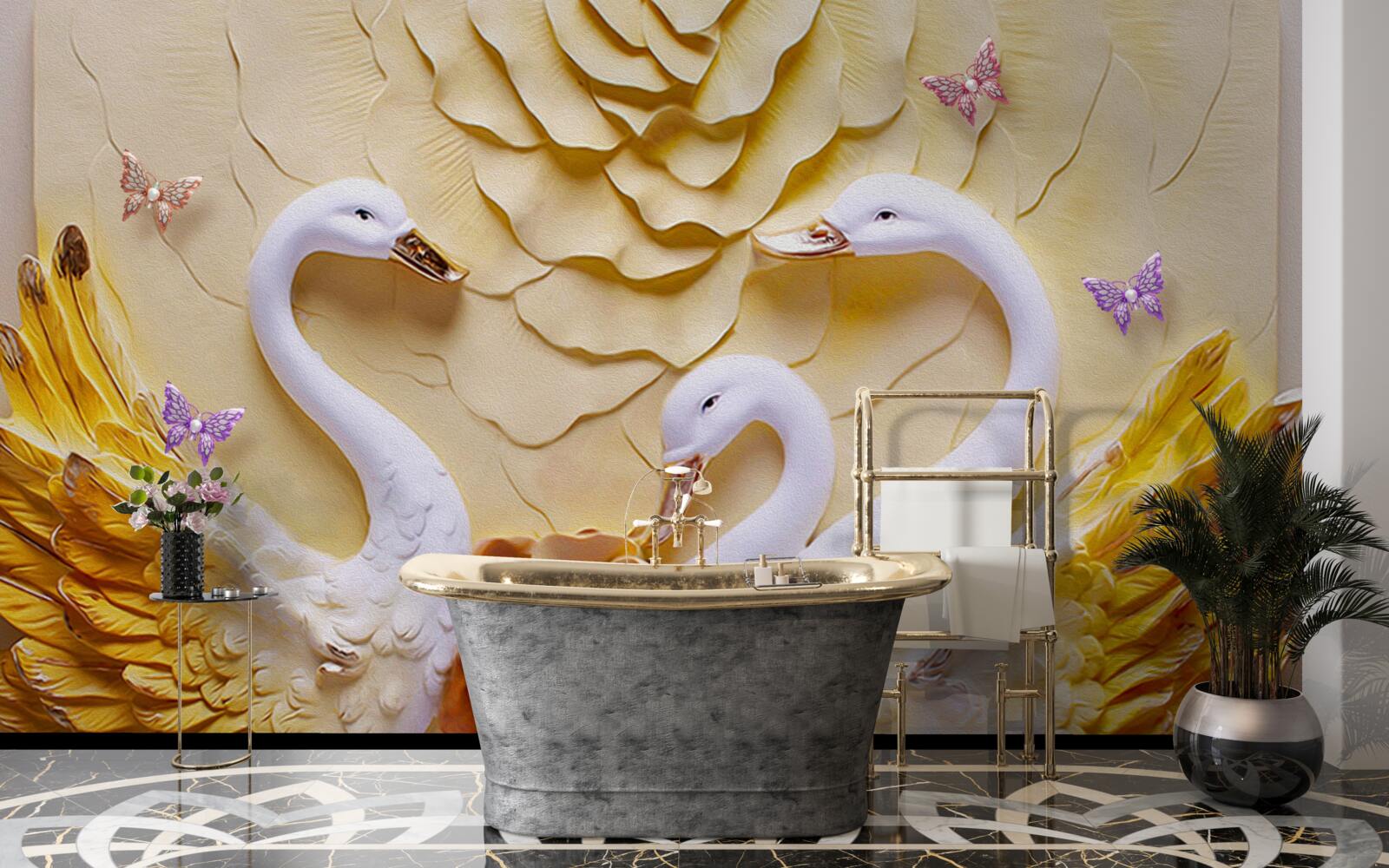 Fototapeta łabędzie są białe ze skrzydłami oplecionymi złotem