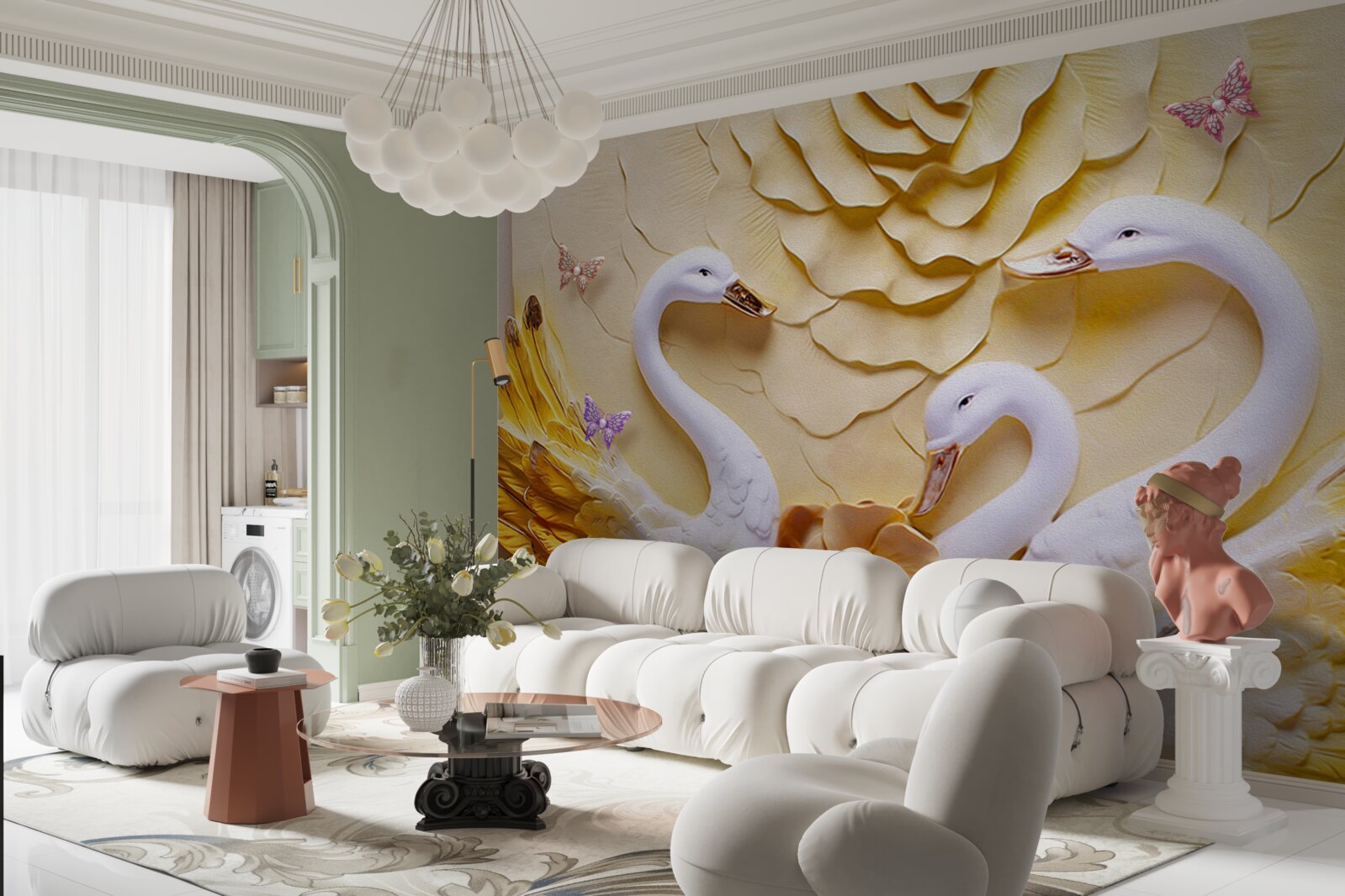 Fototapeta łabędzie są białe ze skrzydłami oplecionymi złotem