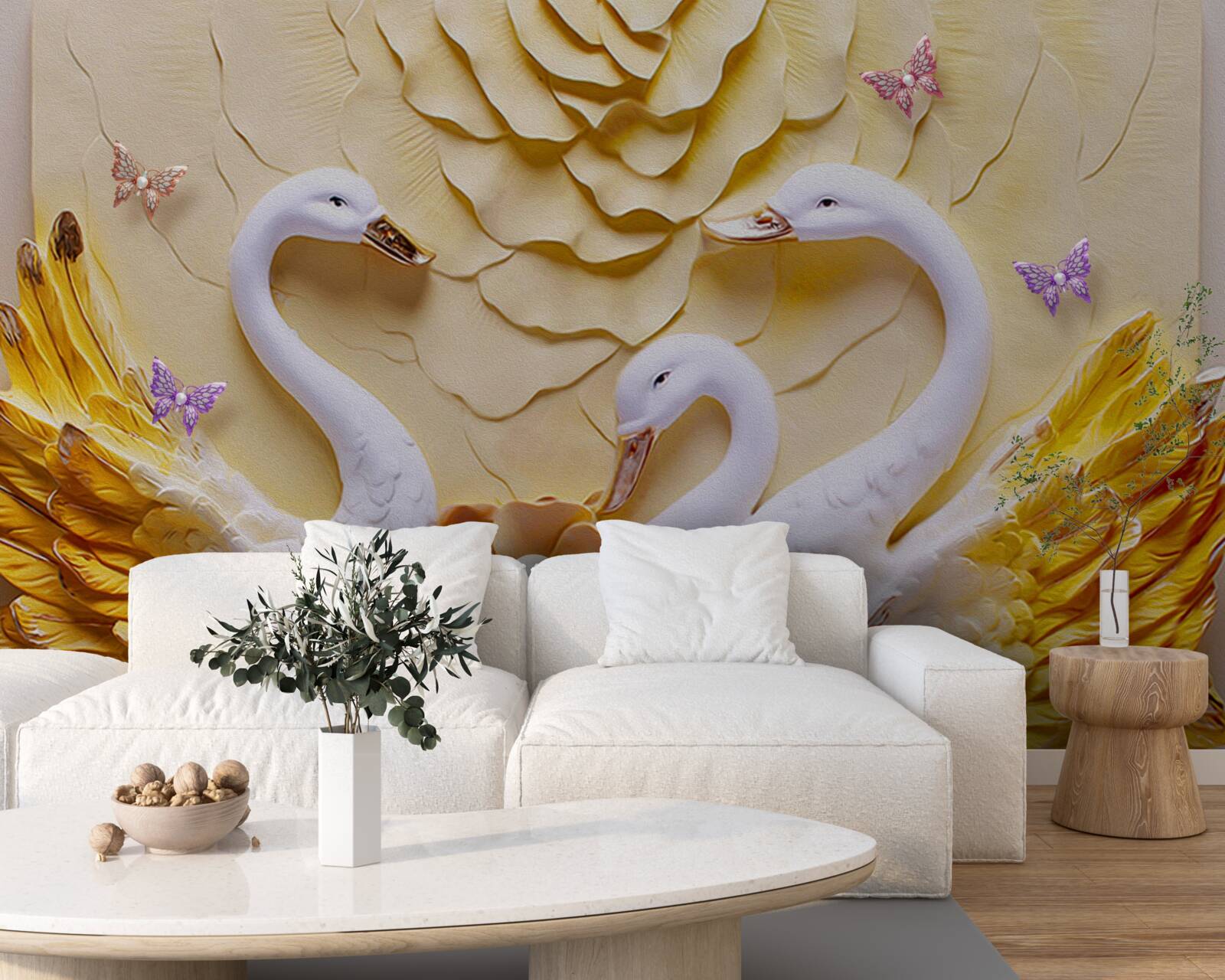 Fototapeta łabędzie są białe ze skrzydłami oplecionymi złotem