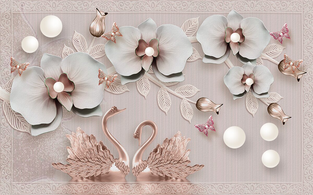 Fototapeta wśród wodnych kwiatów pływają ozdobione złotem łabędzie