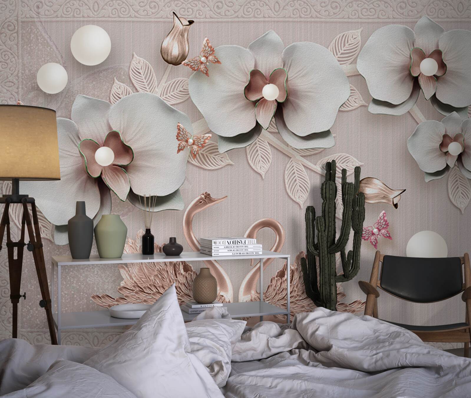 Fototapeta wśród wodnych kwiatów pływają ozdobione złotem łabędzie