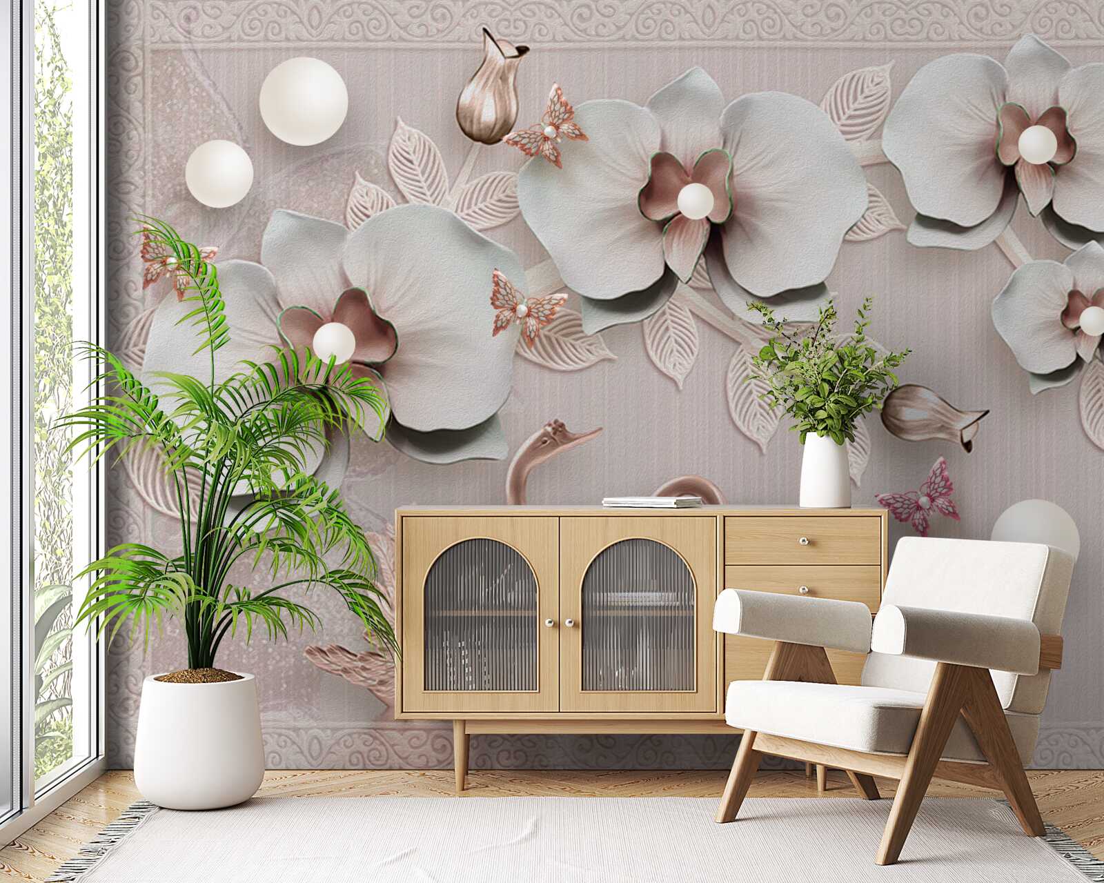 Fototapeta wśród wodnych kwiatów pływają ozdobione złotem łabędzie