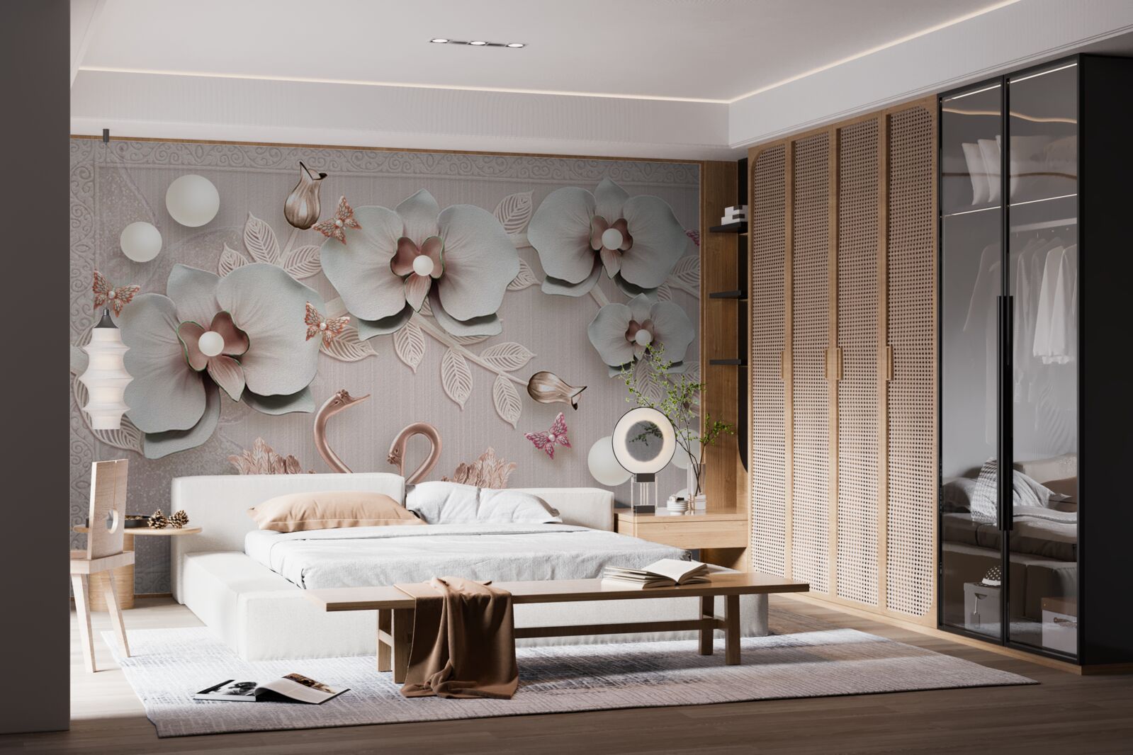 Fototapeta wśród wodnych kwiatów pływają ozdobione złotem łabędzie