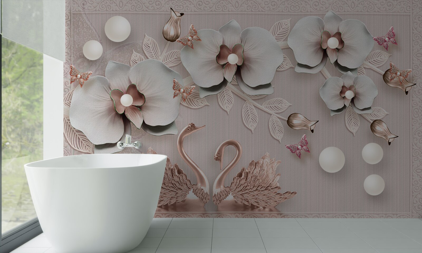 Fototapeta wśród wodnych kwiatów pływają ozdobione złotem łabędzie