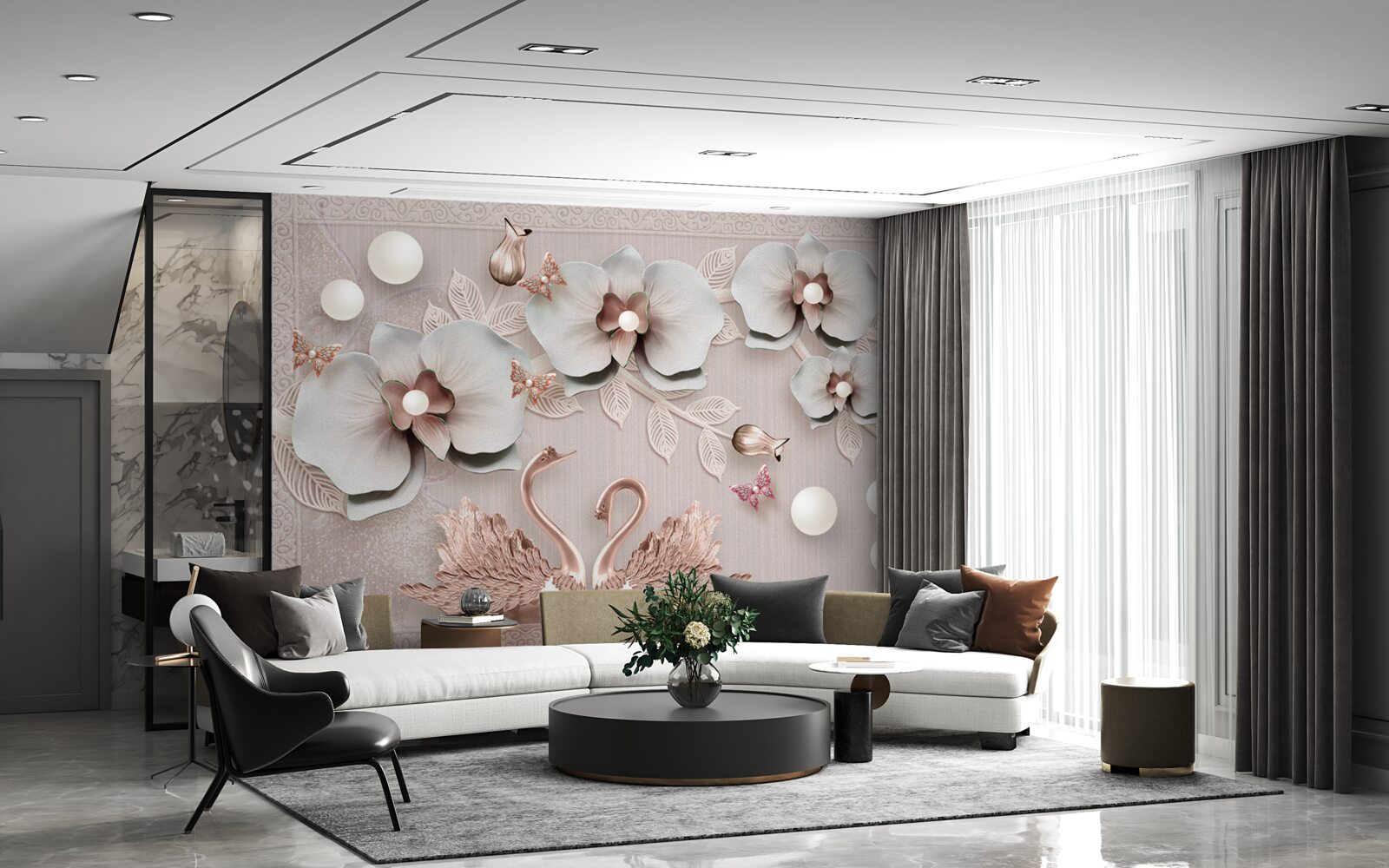 Fototapeta wśród wodnych kwiatów pływają ozdobione złotem łabędzie