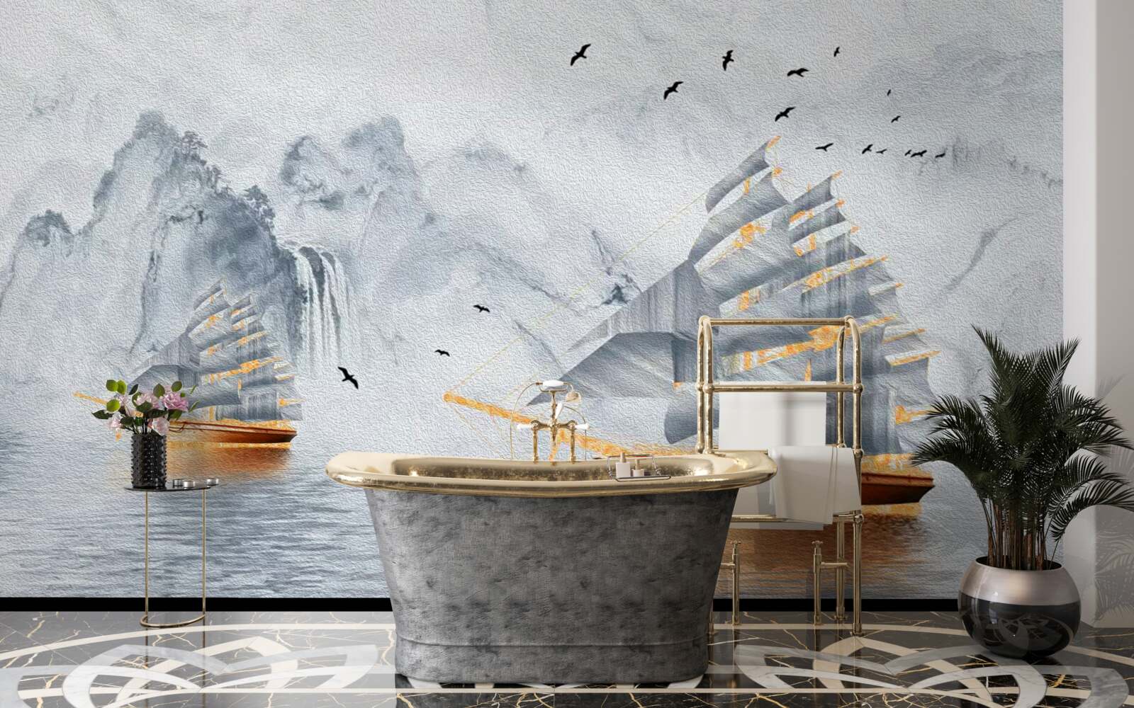 Fototapeta z portu wypływa malowniczy statek na żaglach