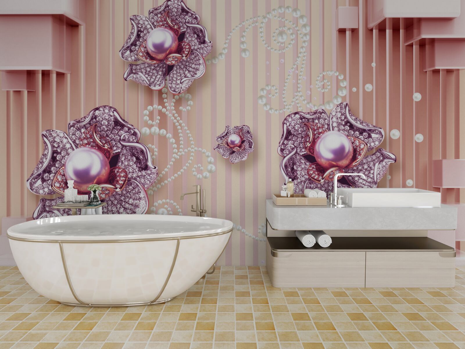 Fototapeta kwiaty diamentowe i perłowe na różowym tle