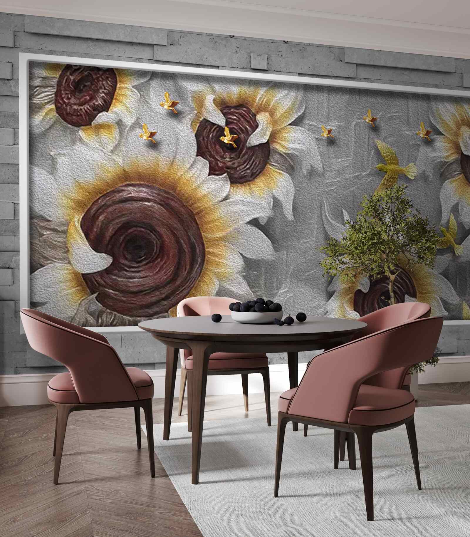 Fototapeta słoneczniki w kolorze białym i motyle