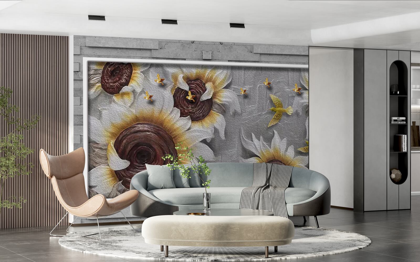 Fototapeta słoneczniki w kolorze białym i motyle