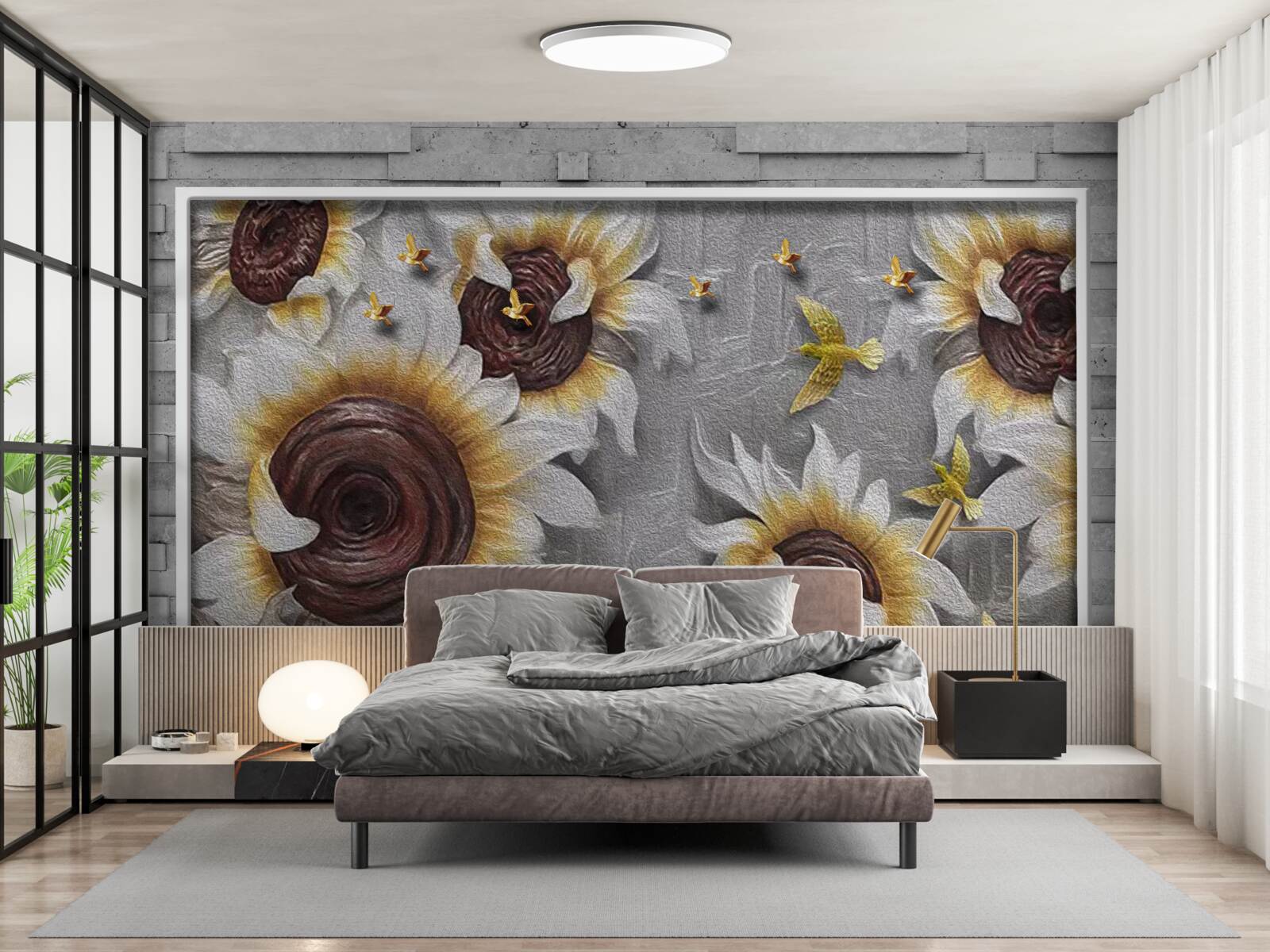 Fototapeta słoneczniki w kolorze białym i motyle