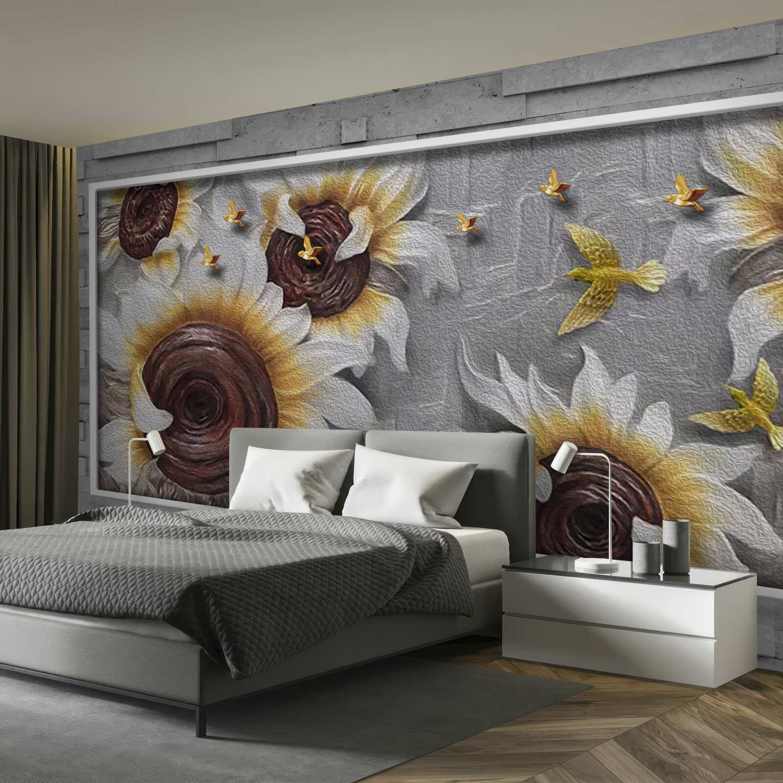 Fototapeta słoneczniki w kolorze białym i motyle