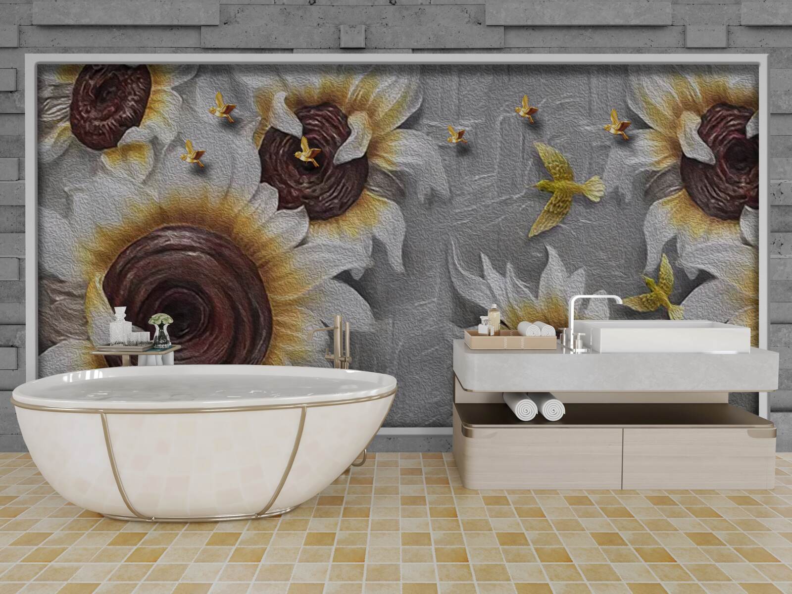 Fototapeta słoneczniki w kolorze białym i motyle