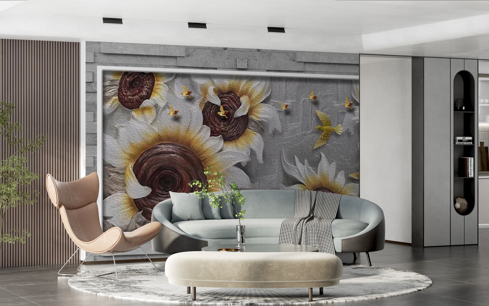 Fototapeta słoneczniki w kolorze białym i motyle