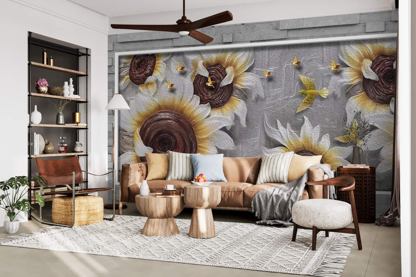 Fototapeta słoneczniki w kolorze białym i motyle