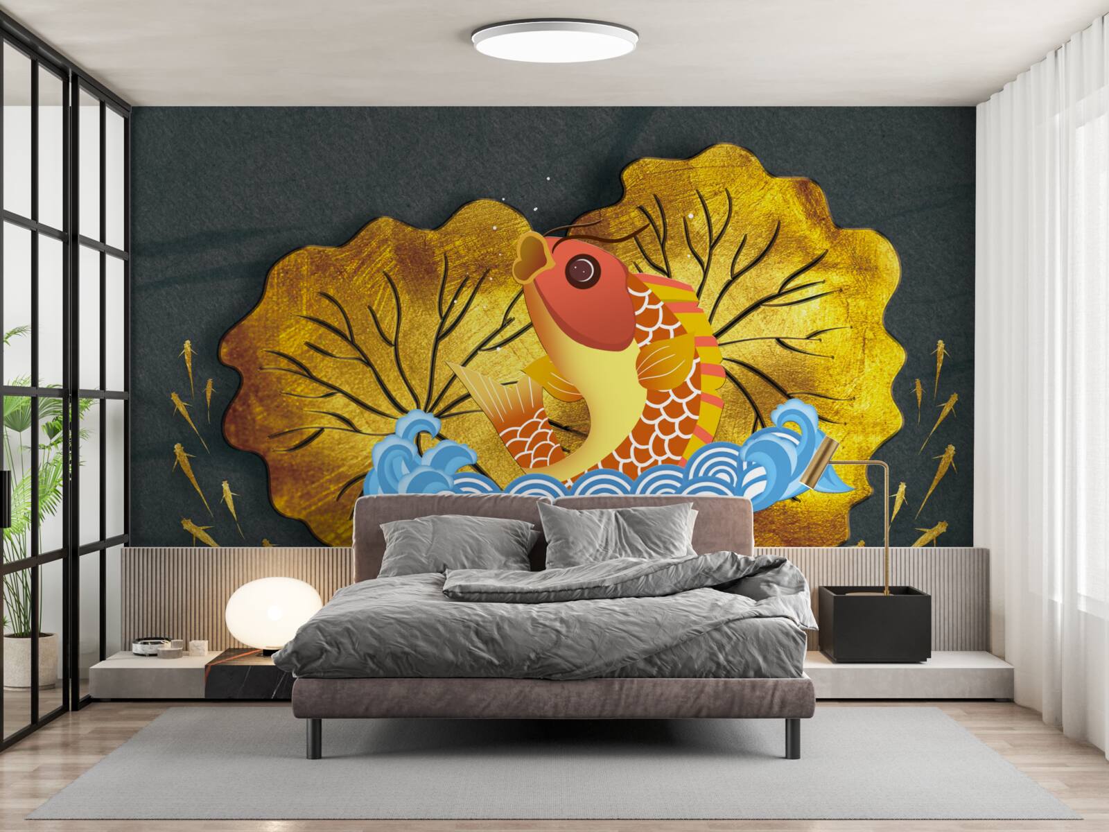 Fototapeta liście jesienią i ryby w wodzie