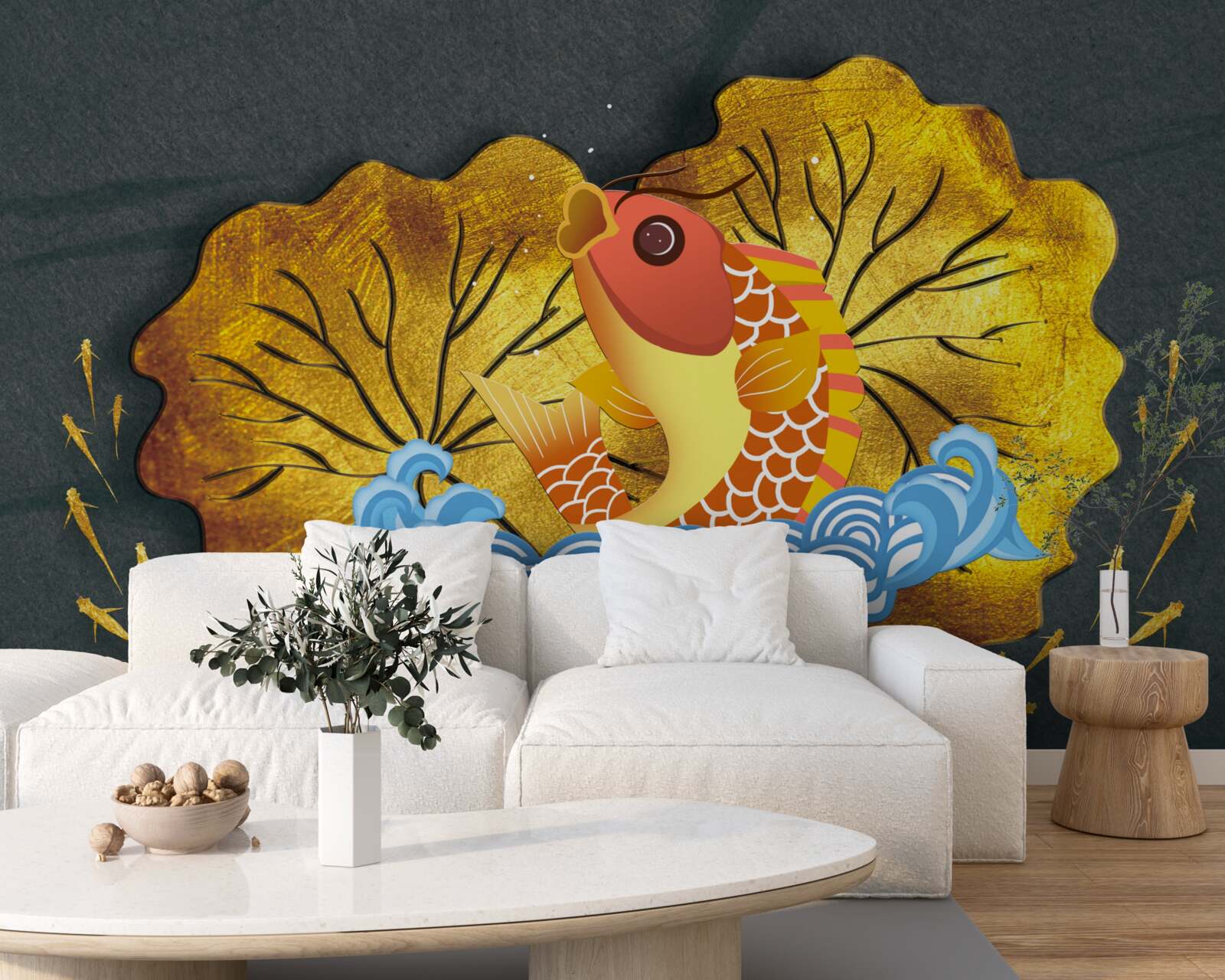 Fototapeta liście jesienią i ryby w wodzie