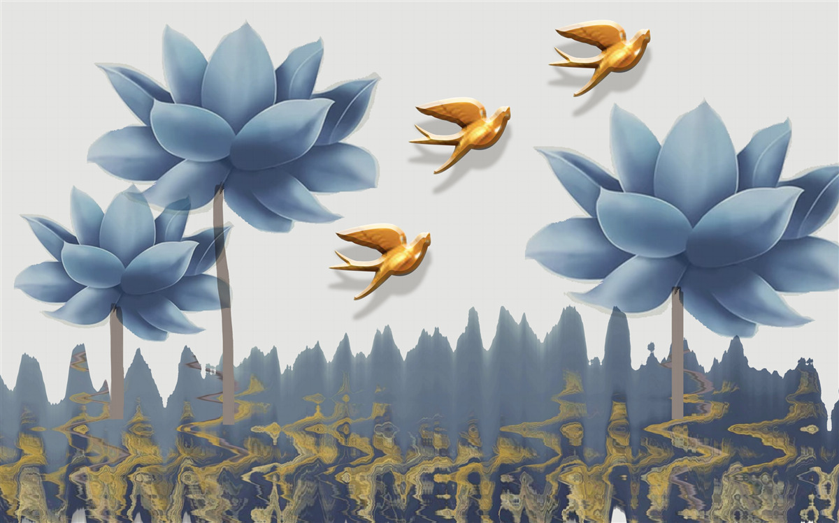 Fototapeta złote ptaki przelatują nad łąką usianą kwiatami