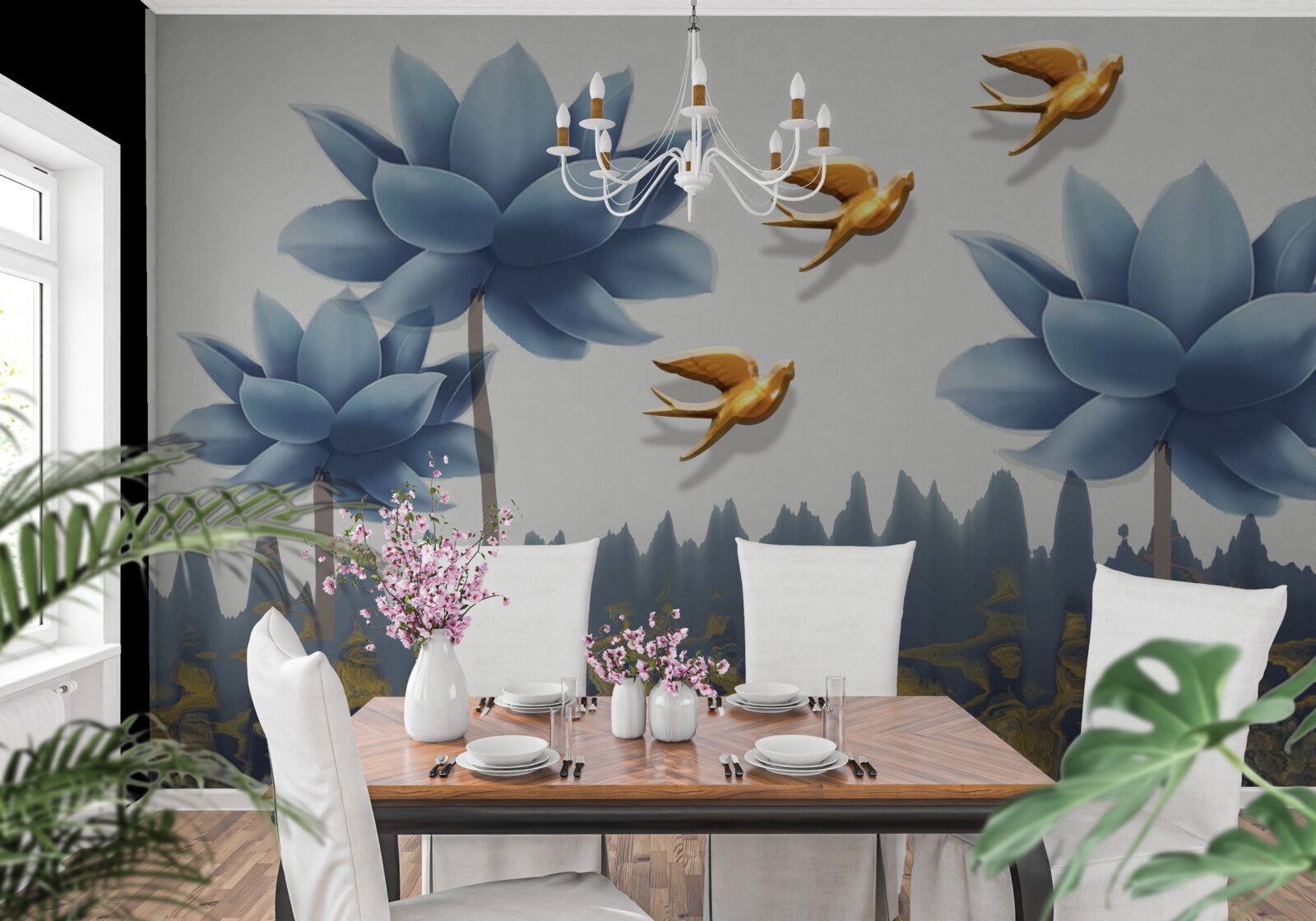 Fototapeta złote ptaki przelatują nad łąką usianą kwiatami