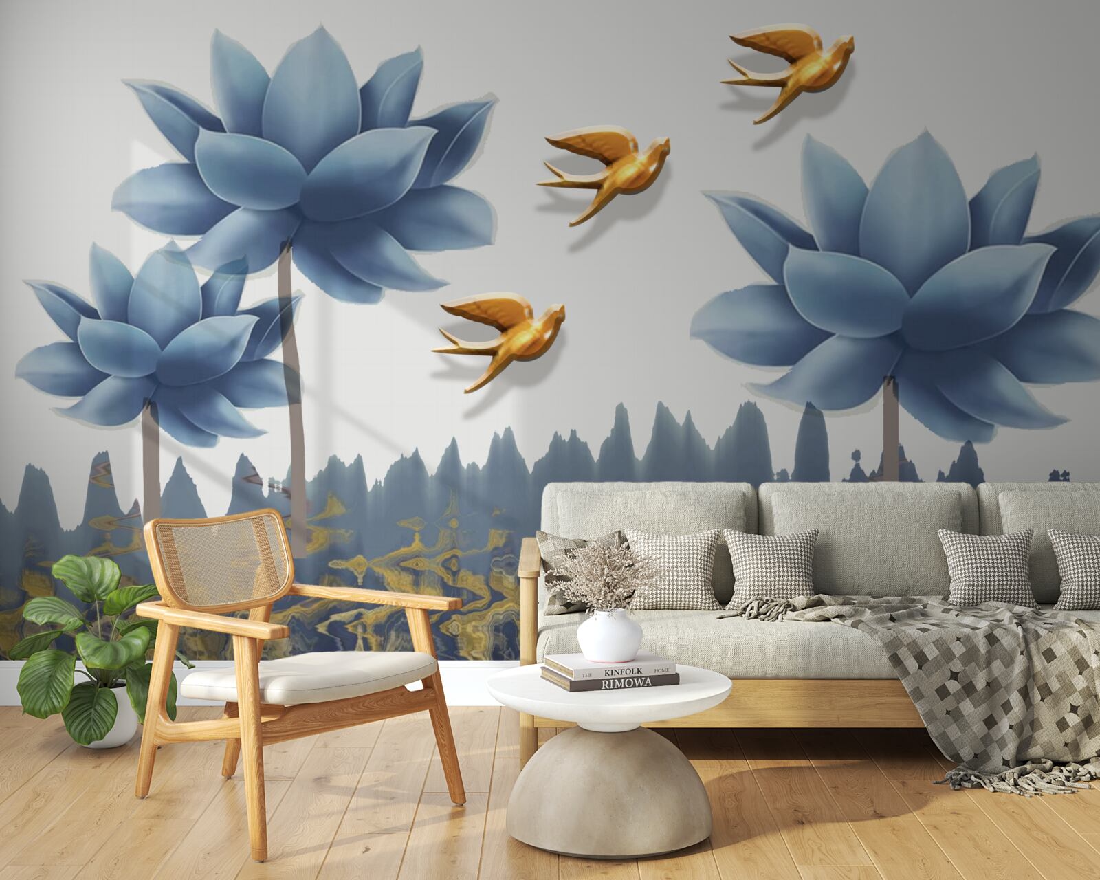 Fototapeta złote ptaki przelatują nad łąką usianą kwiatami