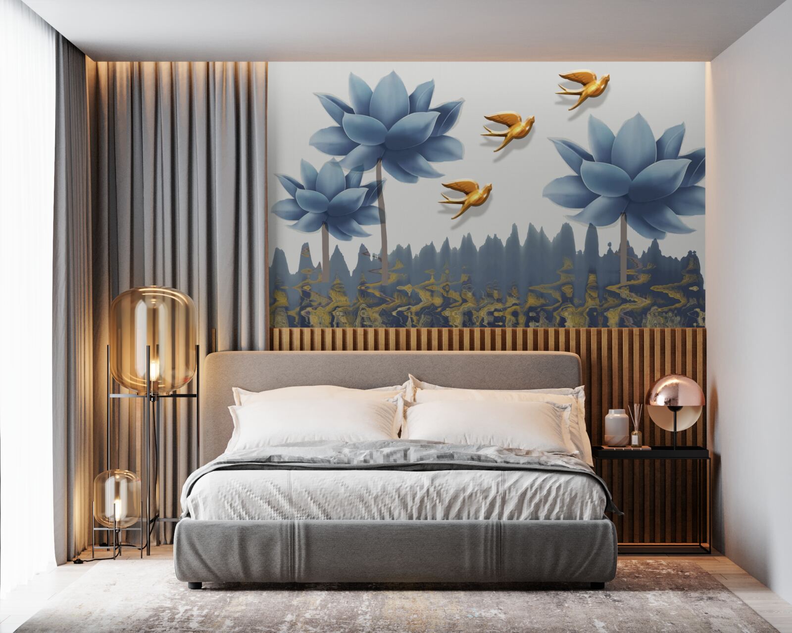 Fototapeta złote ptaki przelatują nad łąką usianą kwiatami