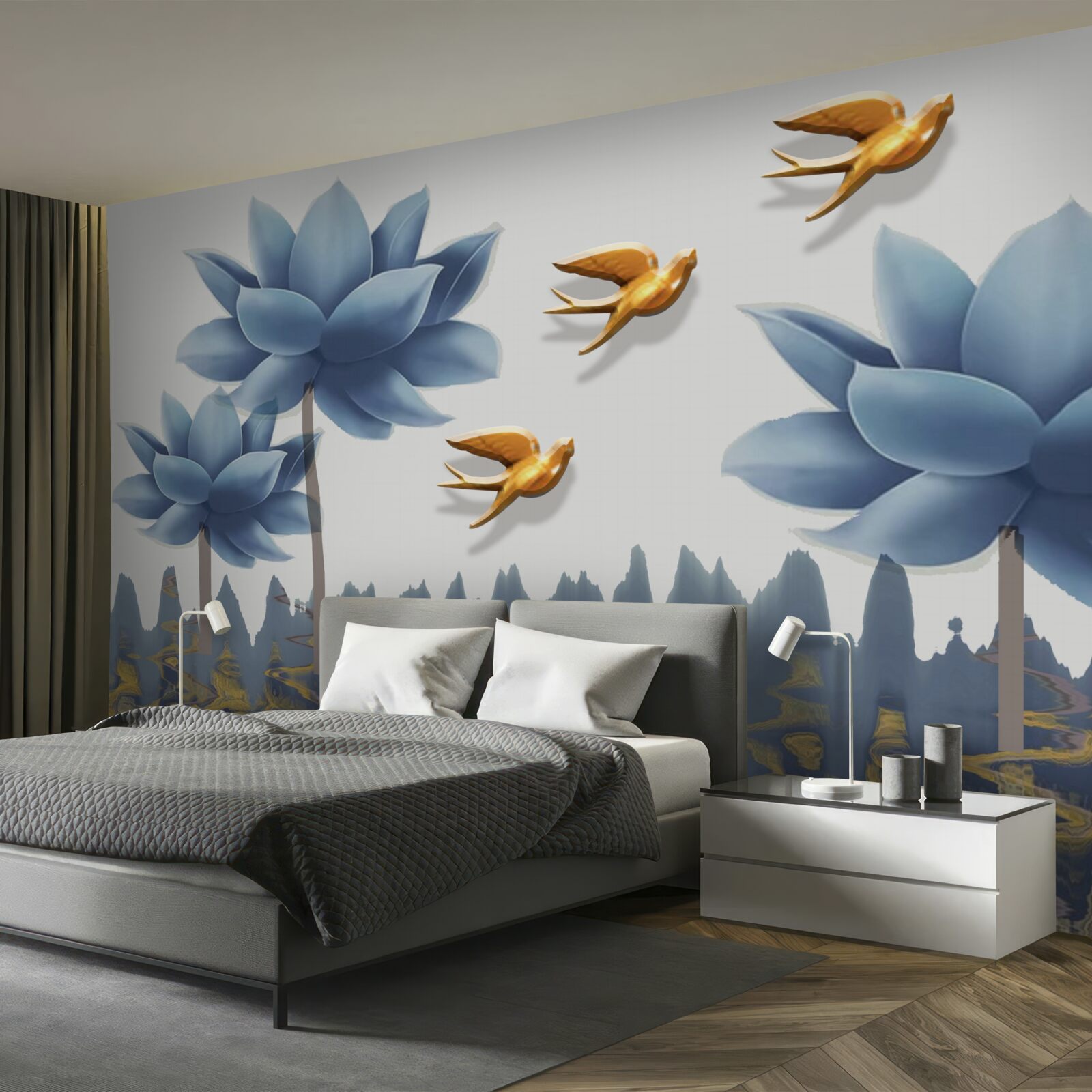 Fototapeta złote ptaki przelatują nad łąką usianą kwiatami