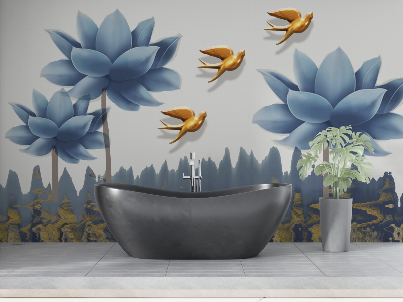 Fototapeta złote ptaki przelatują nad łąką usianą kwiatami