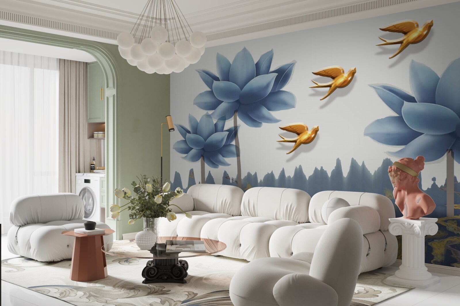 Fototapeta złote ptaki przelatują nad łąką usianą kwiatami