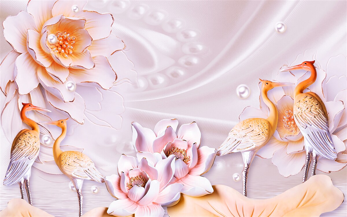 Fototapeta stado ptaków i szkarłatne róże na jedwabiu