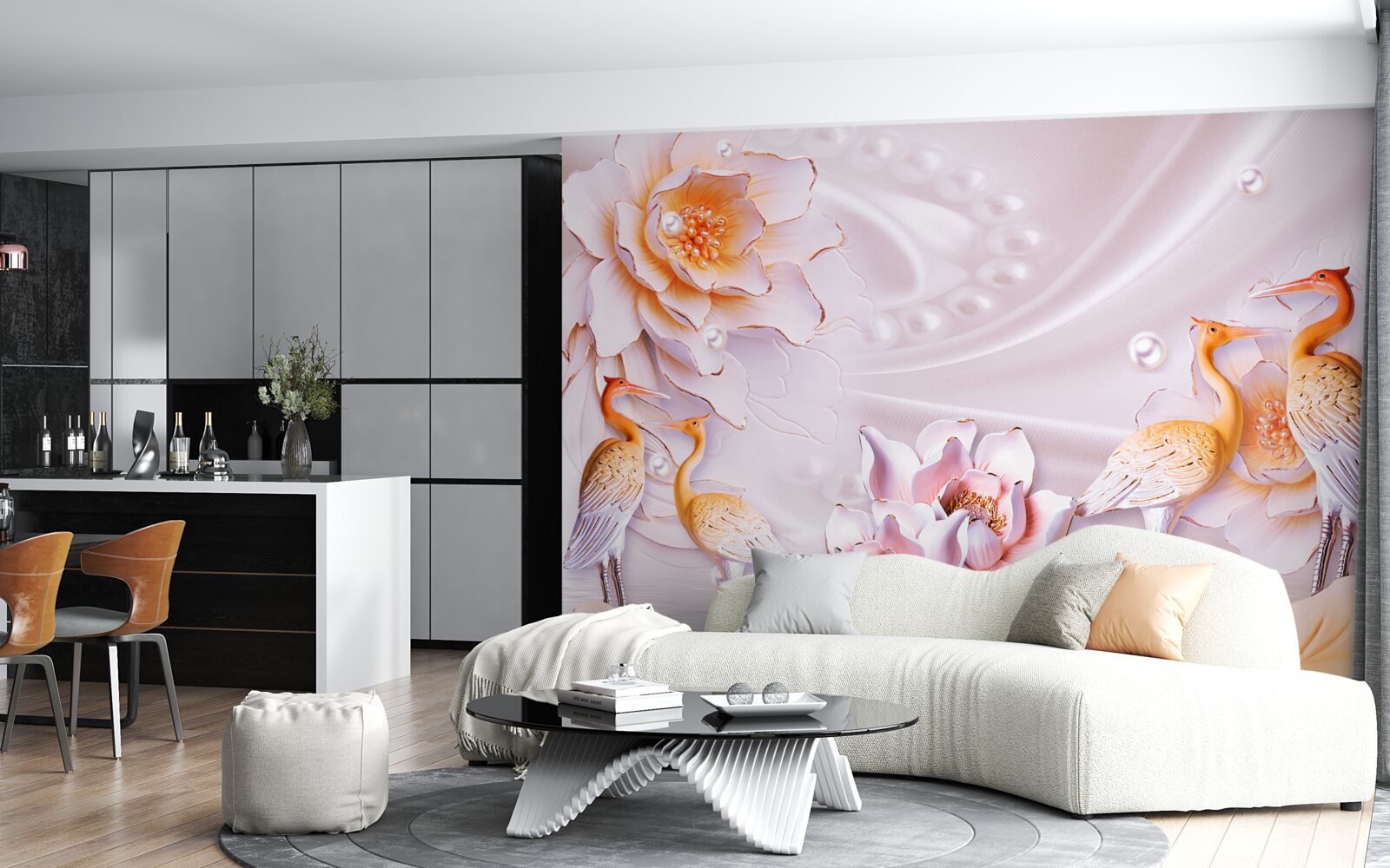 Fototapeta stado ptaków i szkarłatne róże na jedwabiu