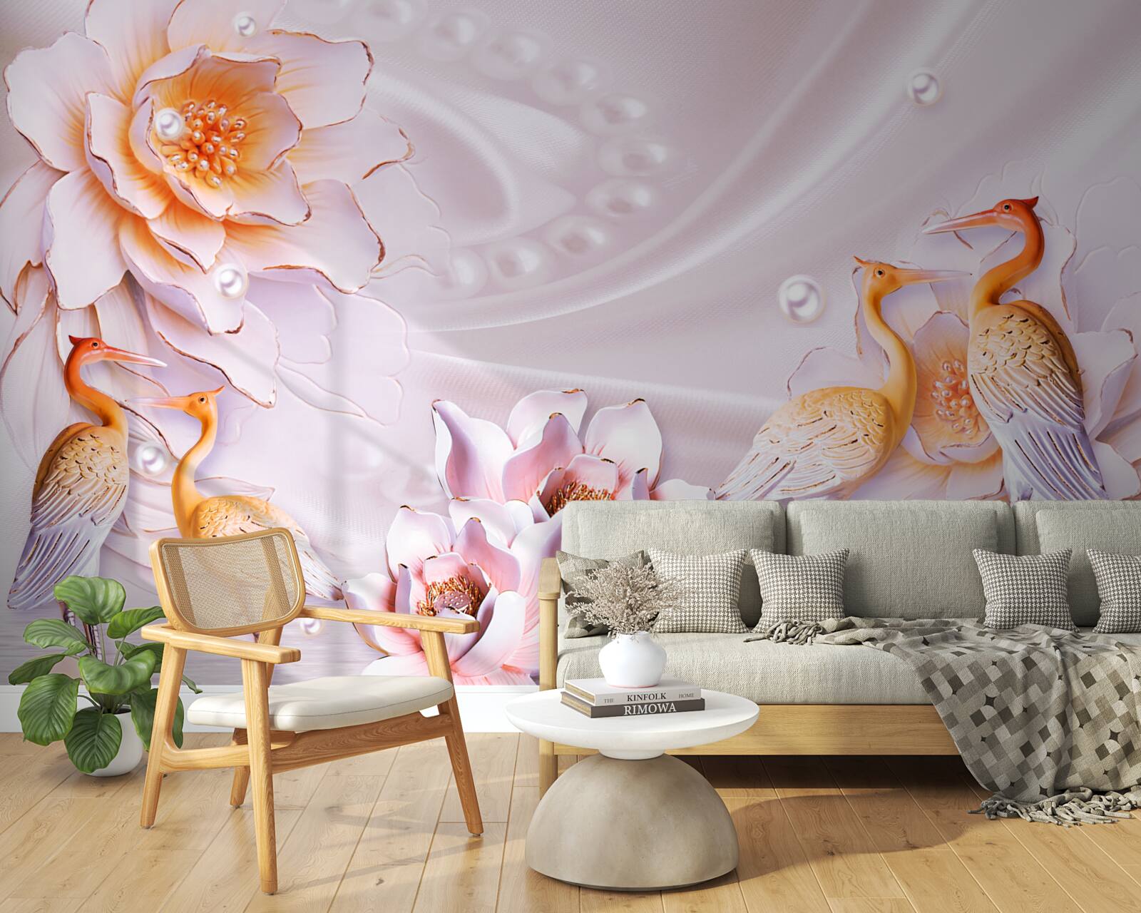 Fototapeta stado ptaków i szkarłatne róże na jedwabiu