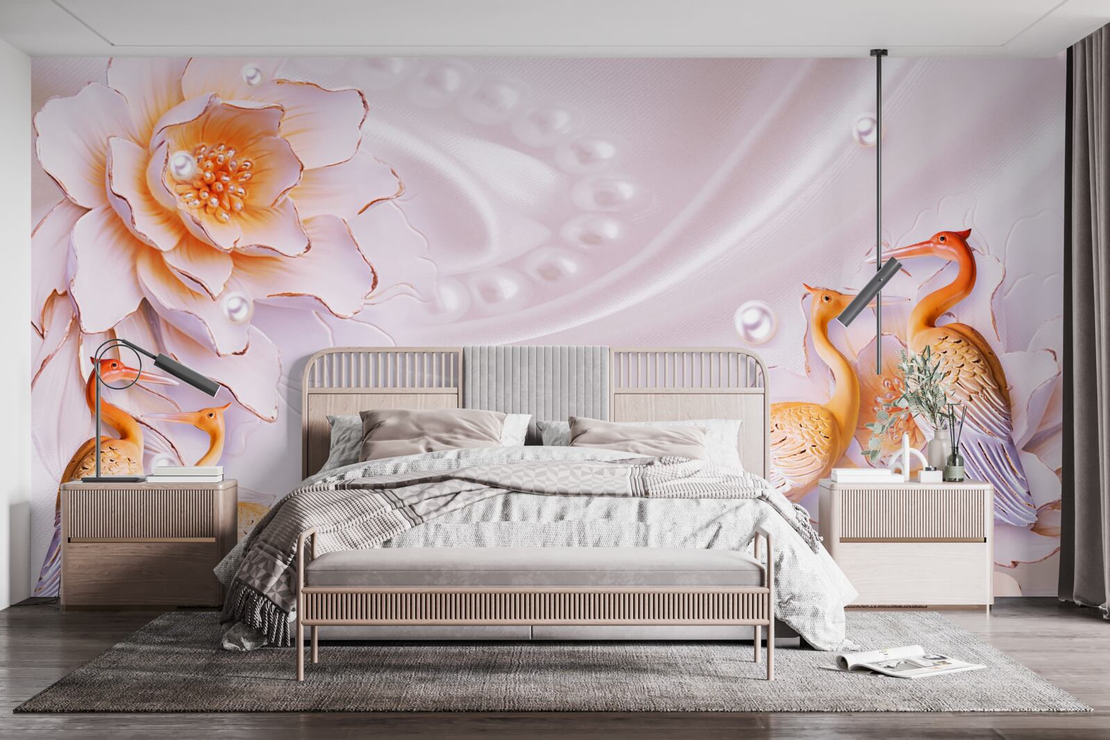 Fototapeta stado ptaków i szkarłatne róże na jedwabiu