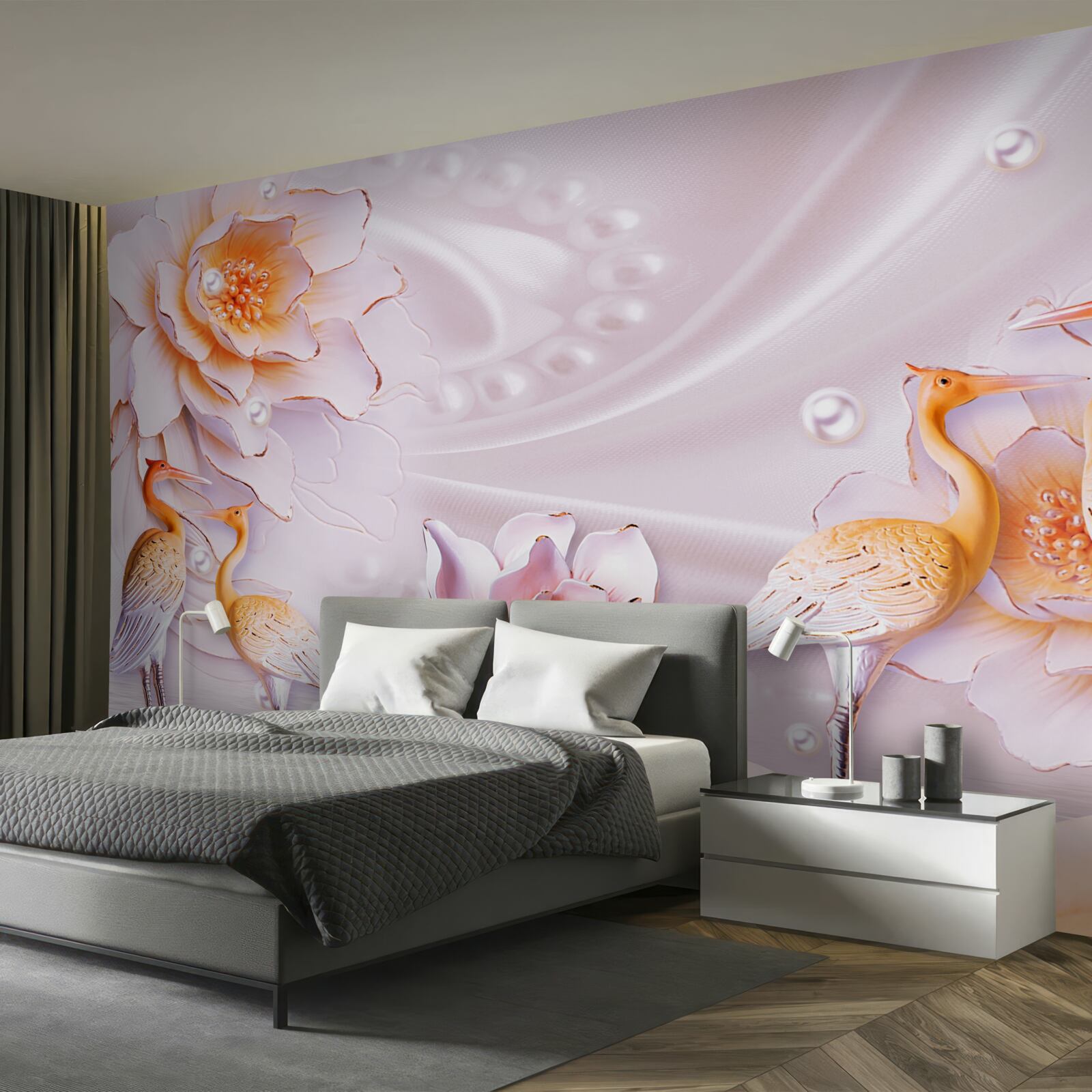 Fototapeta stado ptaków i szkarłatne róże na jedwabiu