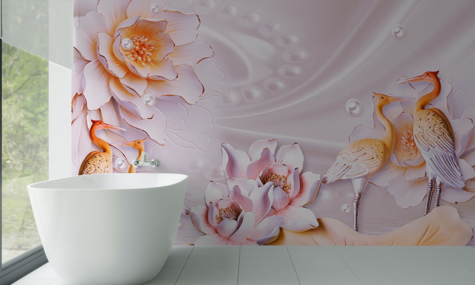 Fototapeta stado ptaków i szkarłatne róże na jedwabiu