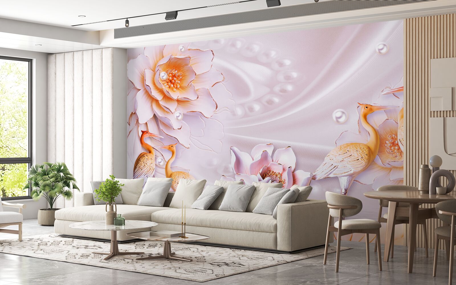 Fototapeta stado ptaków i szkarłatne róże na jedwabiu