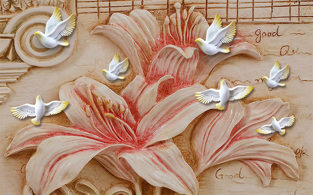 Fototapeta różowe lilie i lekkie łabędzie