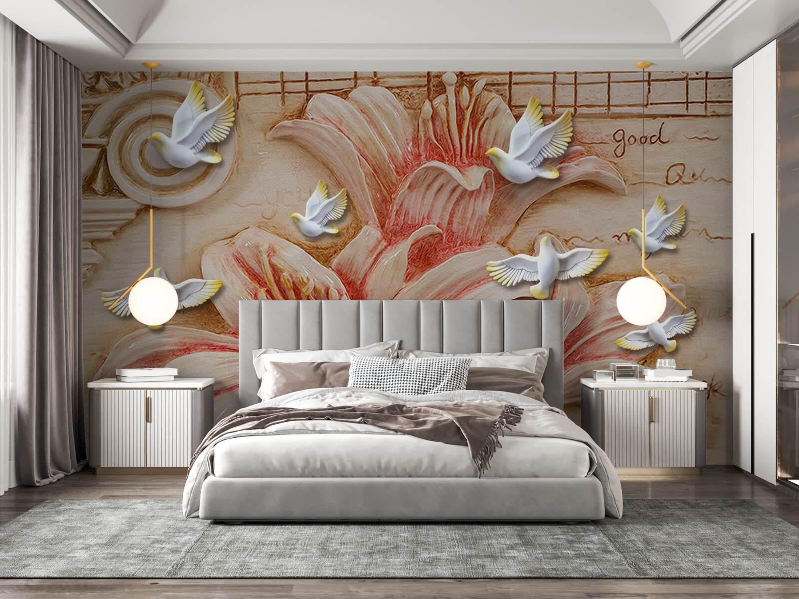 Fototapeta różowe lilie i lekkie łabędzie