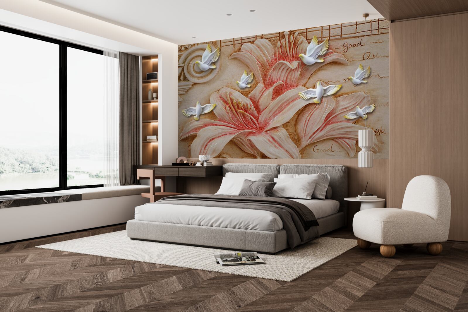 Fototapeta różowe lilie i lekkie łabędzie