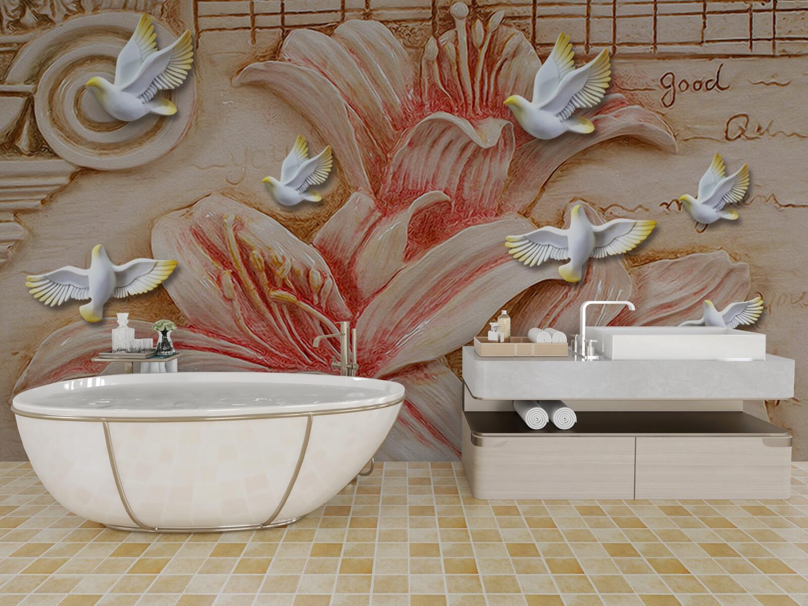 Fototapeta różowe lilie i lekkie łabędzie