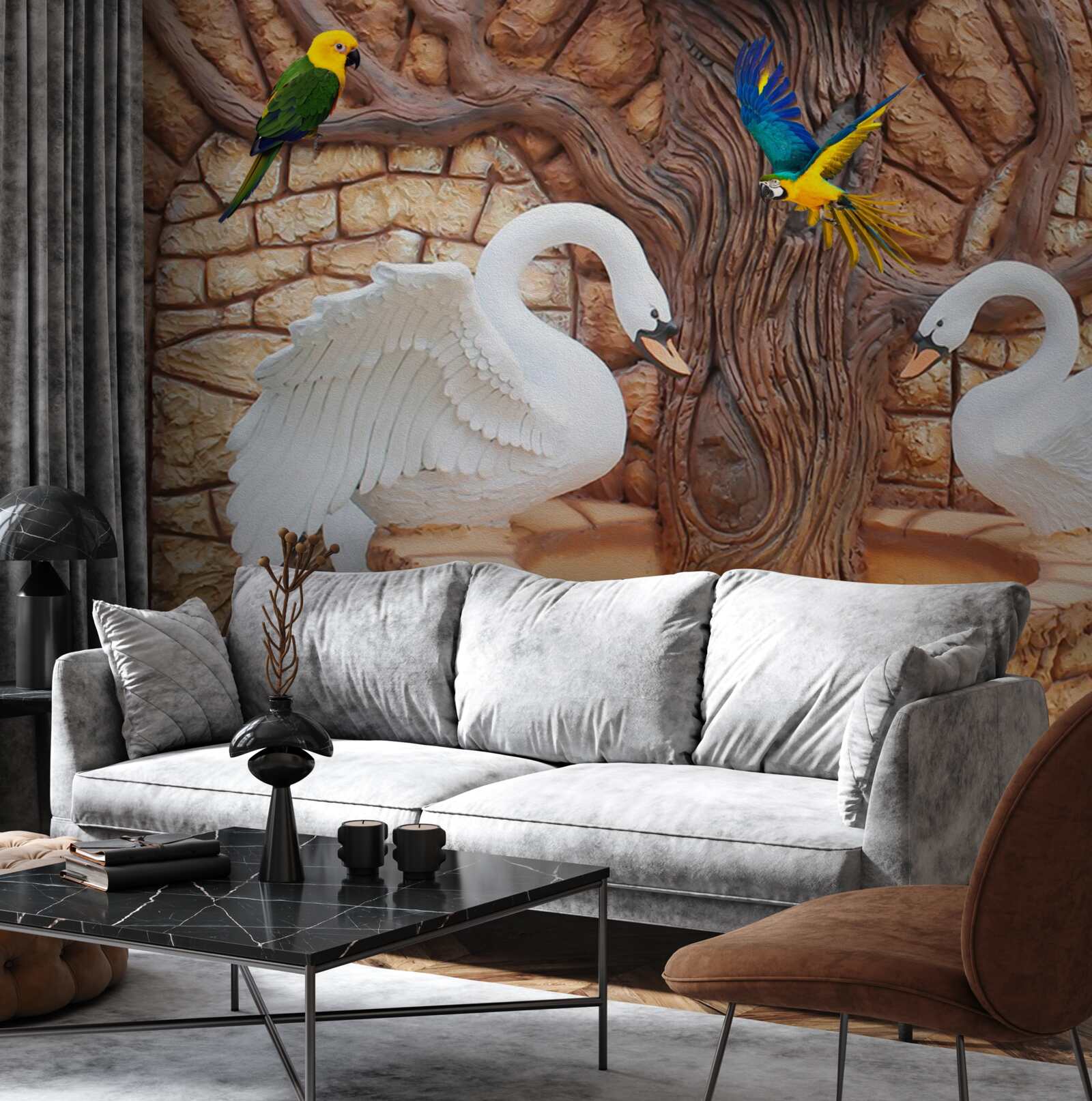 Fototapeta dwa łabędzie w pobliżu stawu