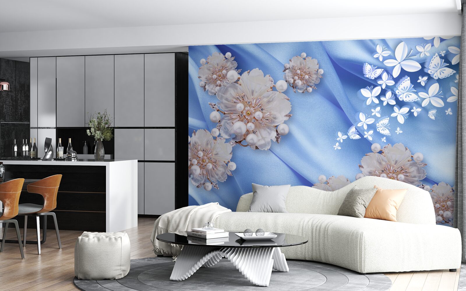 Fototapeta białe motyle i kwiaty na niebieskim jedwabiu