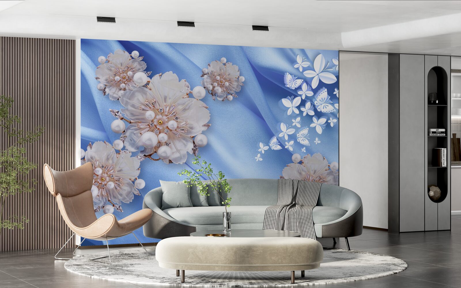 Fototapeta białe motyle i kwiaty na niebieskim jedwabiu