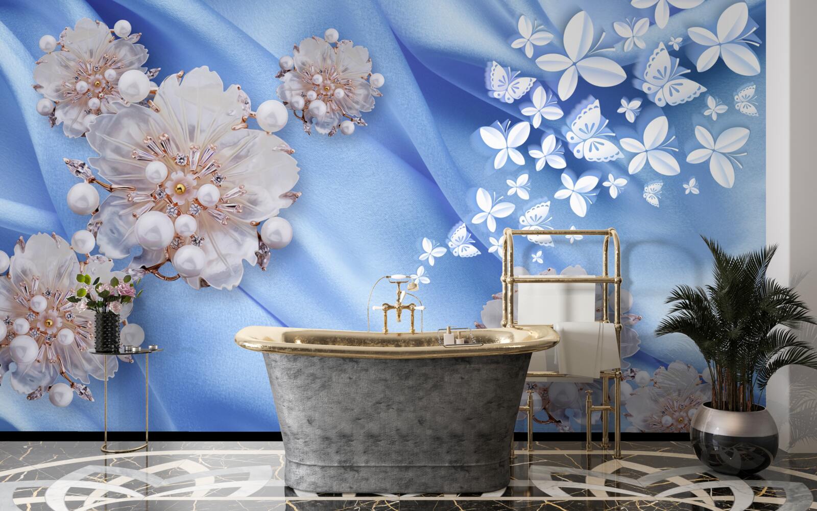 Fototapeta białe motyle i kwiaty na niebieskim jedwabiu