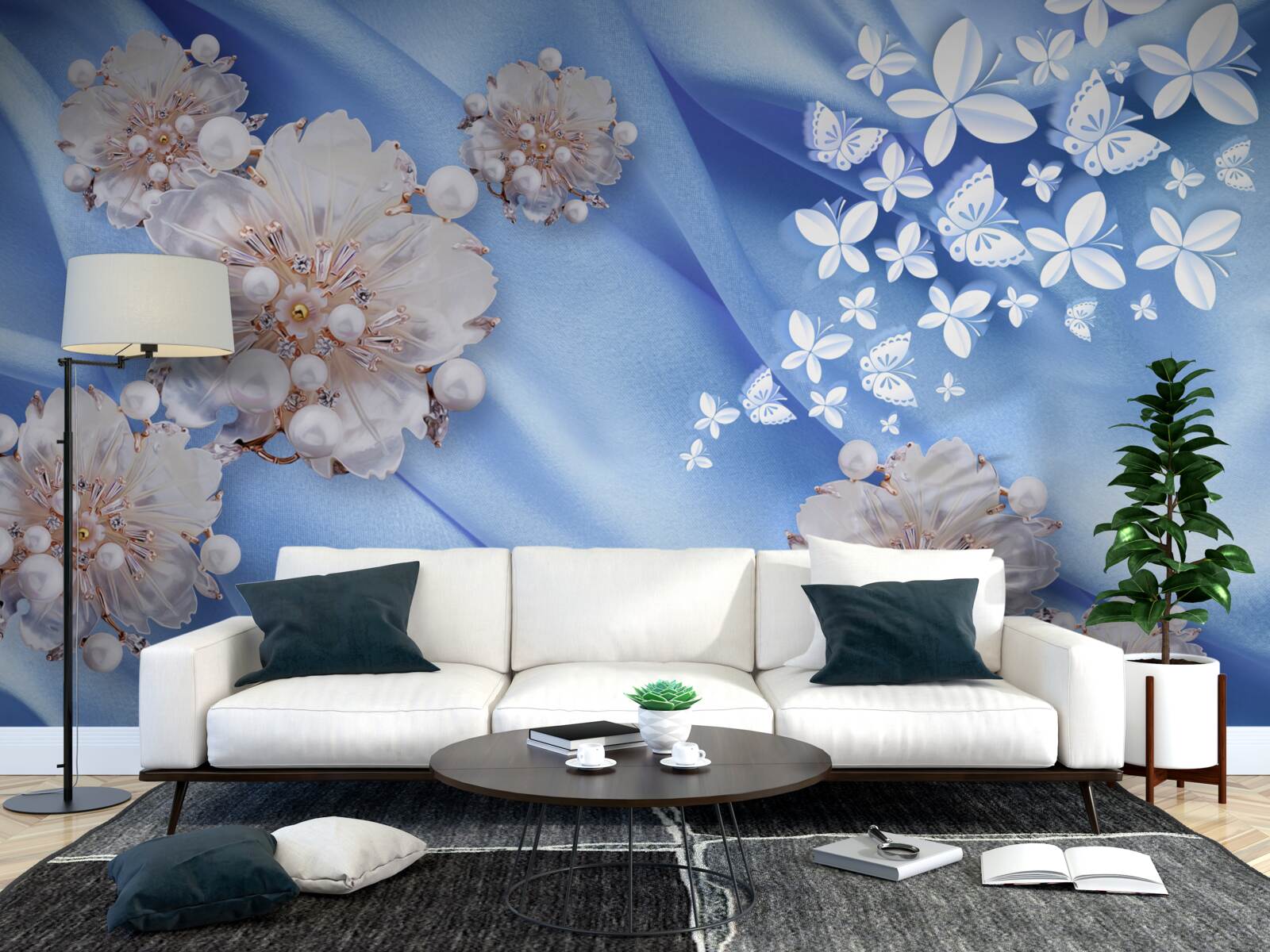 Fototapeta białe motyle i kwiaty na niebieskim jedwabiu