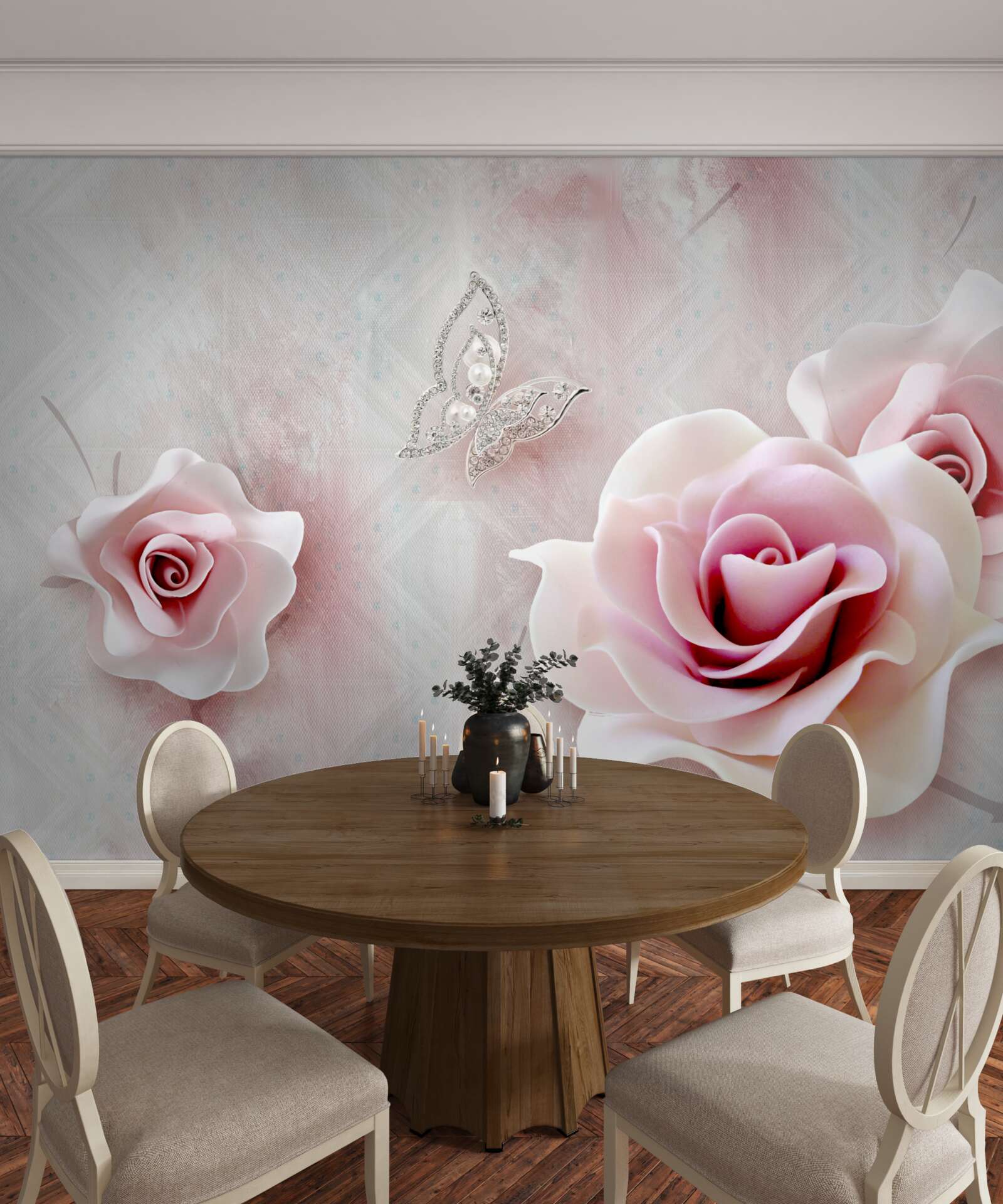 Fototapeta motyle i pąki różowych róż