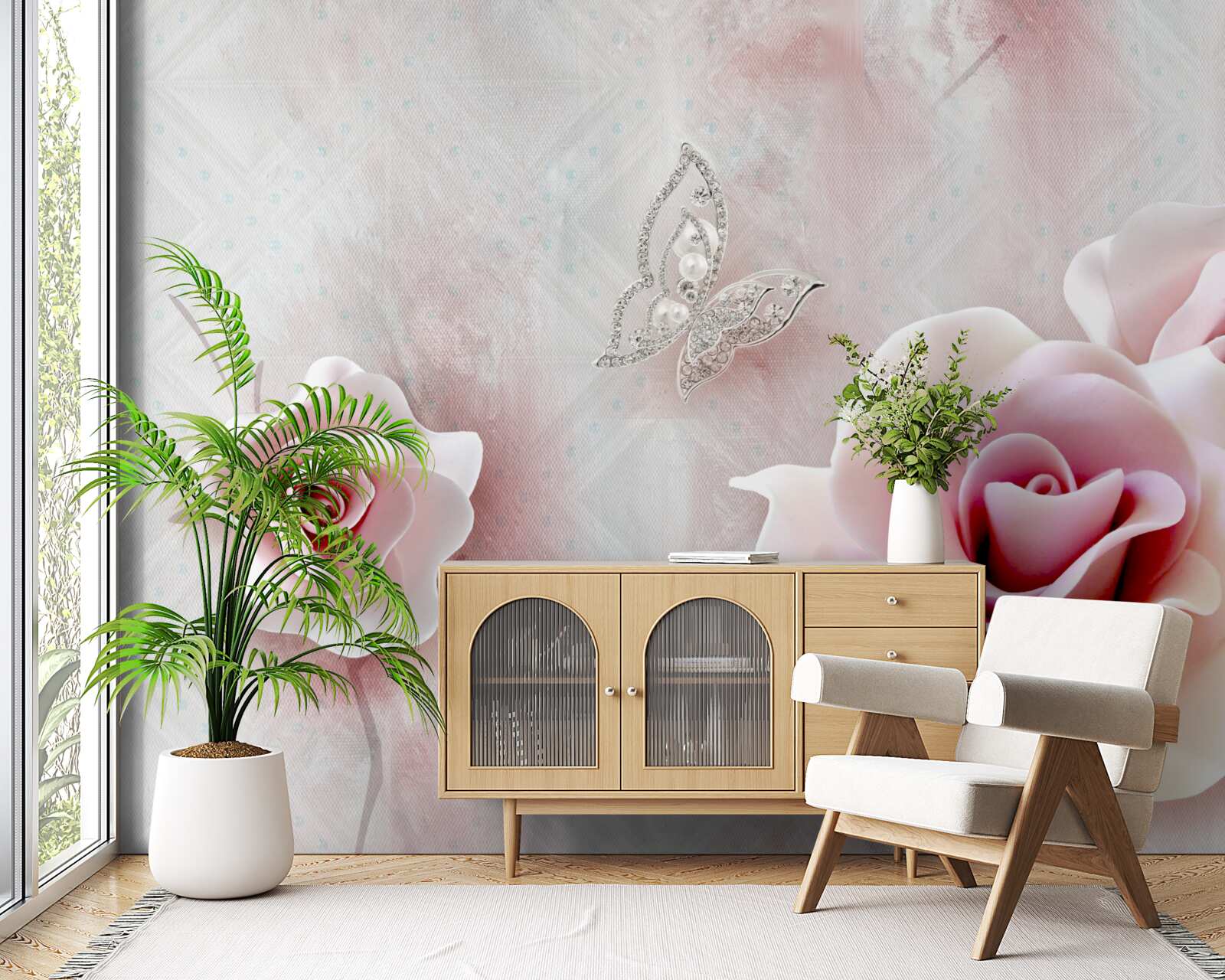 Fototapeta motyle i pąki różowych róż