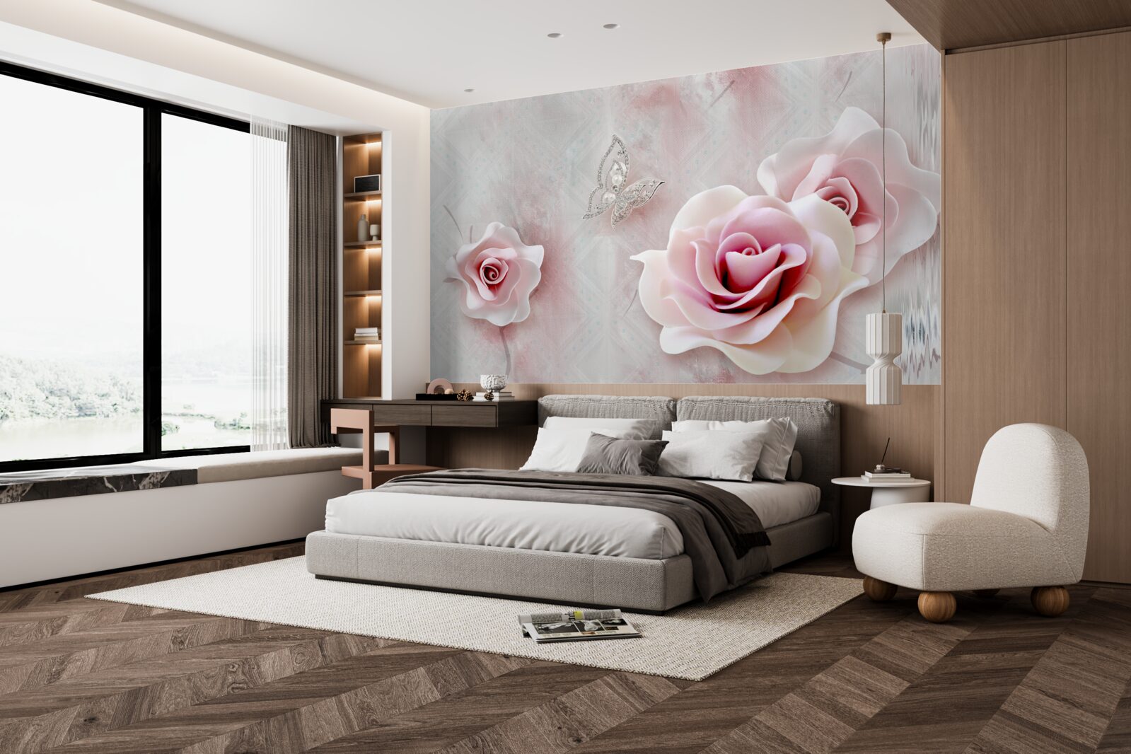 Fototapeta motyle i pąki różowych róż