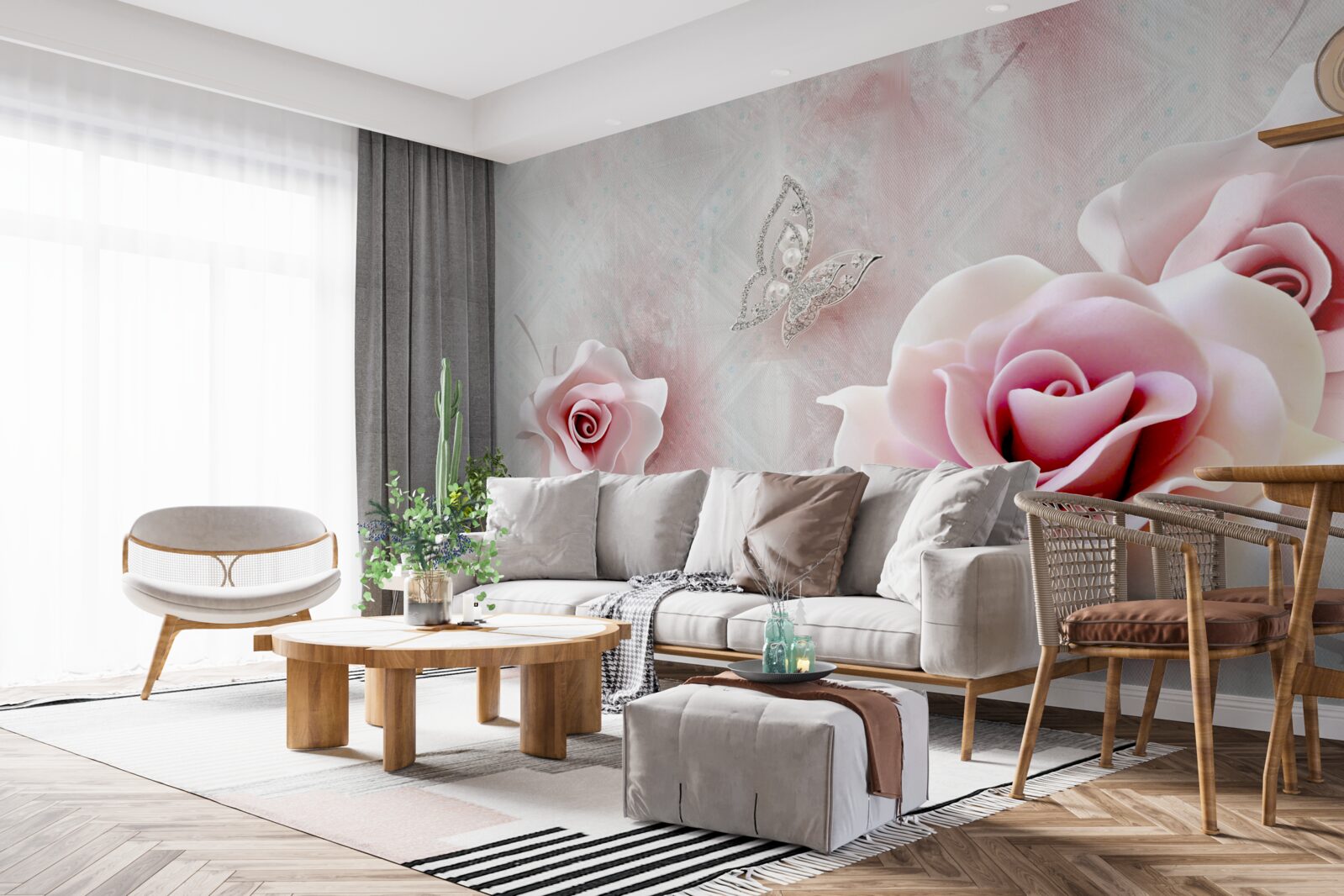 Fototapeta motyle i pąki różowych róż