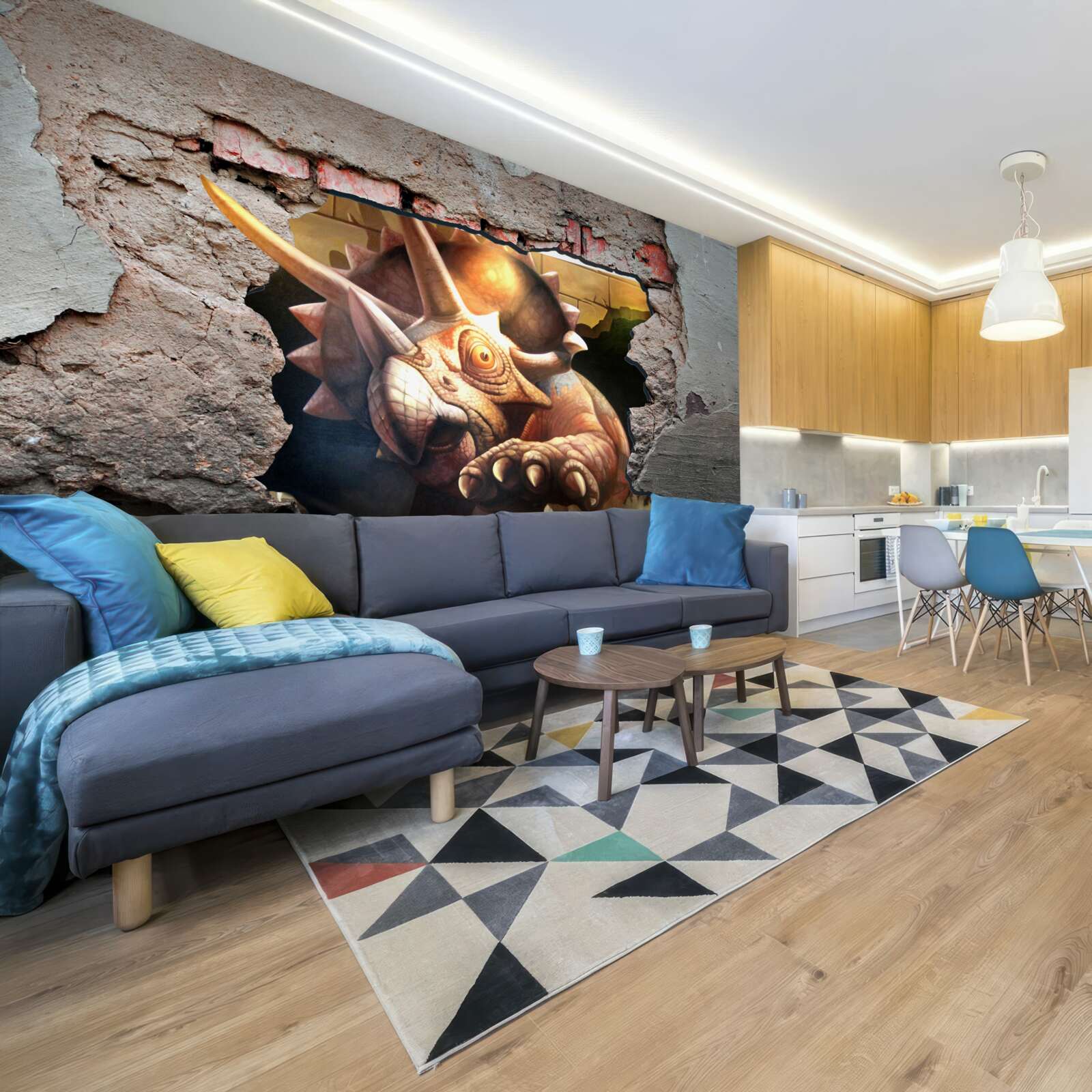 Fototapeta dinozaur pokonuje przeszkodę w postaci kamiennej ściany